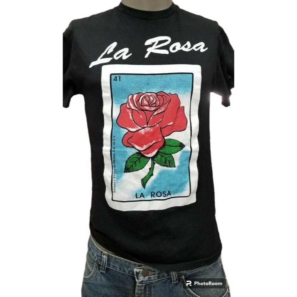 La Rosa (The Rose) Mexican Loteria Card #41 T-Shirt Size Large Black